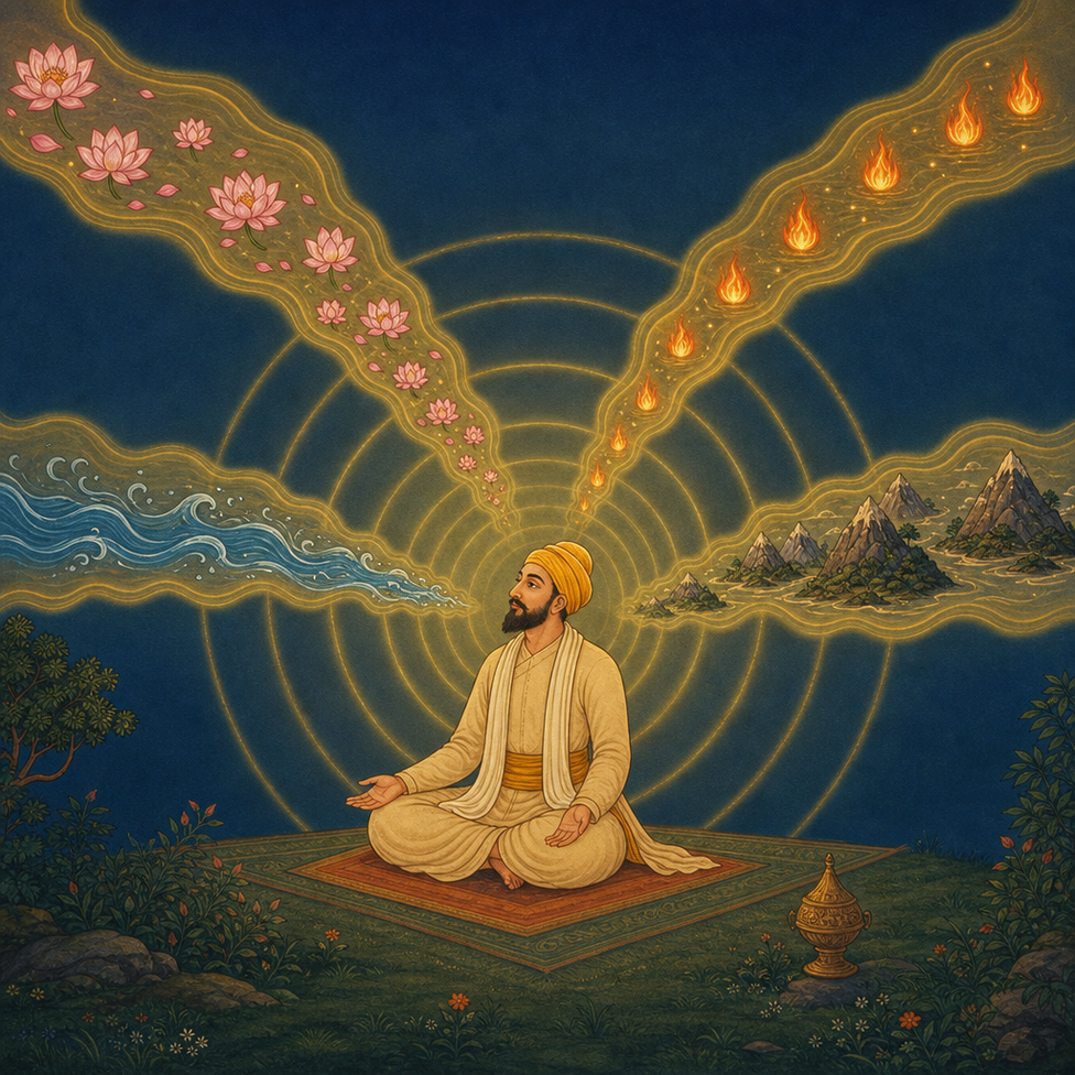 Guru Nanak in meditation posture, golden arcs of breath spreading outward, with petals, fire, water, and mountain at the four corners