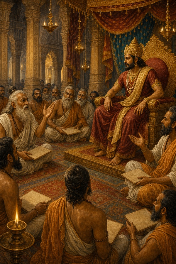 The royal court of Mithila before the sage arrives. Crowned King Janaka seated serene and majestic on an ornate golden throne under a richly patterned canopy. All around him, learned brahmin scholars and commentators in white and saffron robes are seated on patterned rugs, absorbed in lively scriptural debate, palm-leaf manuscripts open in their hands, hands raised in discussion. Carved stone pillars, hanging brass lamps, an atmosphere of dignified intellectual discourse. Classical-Indian miniature-painting style, warm color palette of gold, vermilion, ivory and indigo. Coherent figures, no text or watermark.