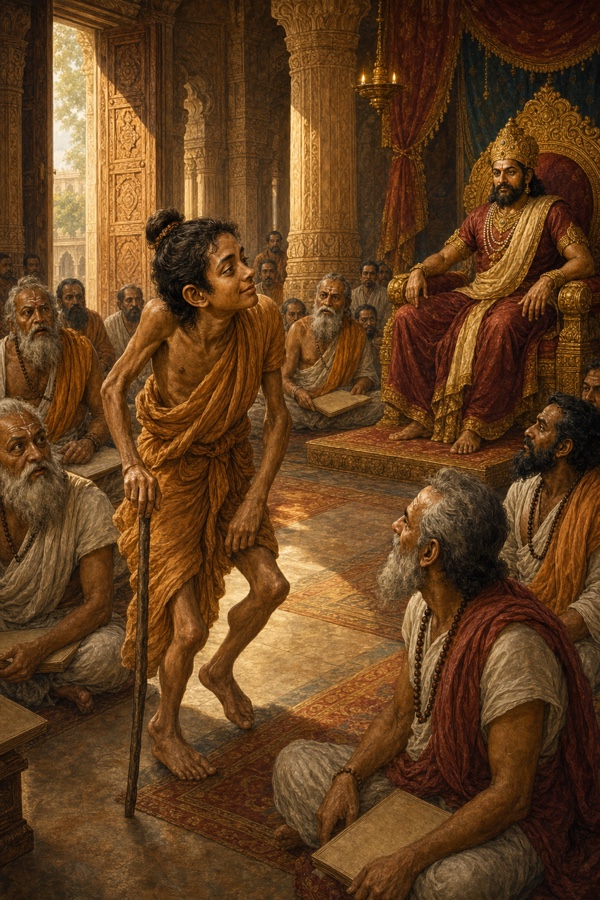 A thin, dark-skinned young man steps through the great doorway into the bright court. His body is visibly bent and crooked at eight places, at the knees, the elbows, the neck and the spine, yet he walks in with calm dignity, leaning on a plain wooden staff, wearing simple coarse ochre cloth. Seated pandits glance at his twisted form and a few smile or smirk in mockery; the youth's own face holds a faint serene, knowing smile. King Janaka watches from his throne in the background. Painterly classical-Indian color style, warm light from doorway, sandstone hall, anatomy of the eightfold bend rendered with respect and accuracy, no caricature, no text or watermark.