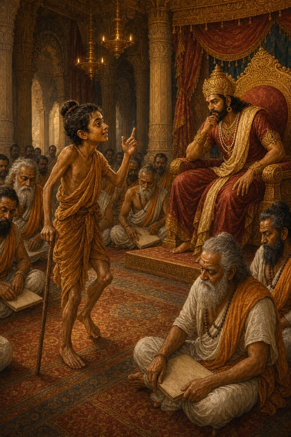 The bent young sage Ashtavakra speaks boldly in the court, one hand lifted in a teaching gesture, his expression composed and luminous. He addresses King Janaka and the assembled brahmins, telling them they see only skin and surface. The pandits around him fall silent, lowering their gaze, some abashed, their manuscripts forgotten in their laps; the king leans forward, arrested by the words. Focus on the young sage's quiet command despite his eightfold-bent frame in plain ochre cloth. Classical-Indian painterly color, deep maroon and gold court interior, lamplight, coherent dignified figures, no text or watermark.