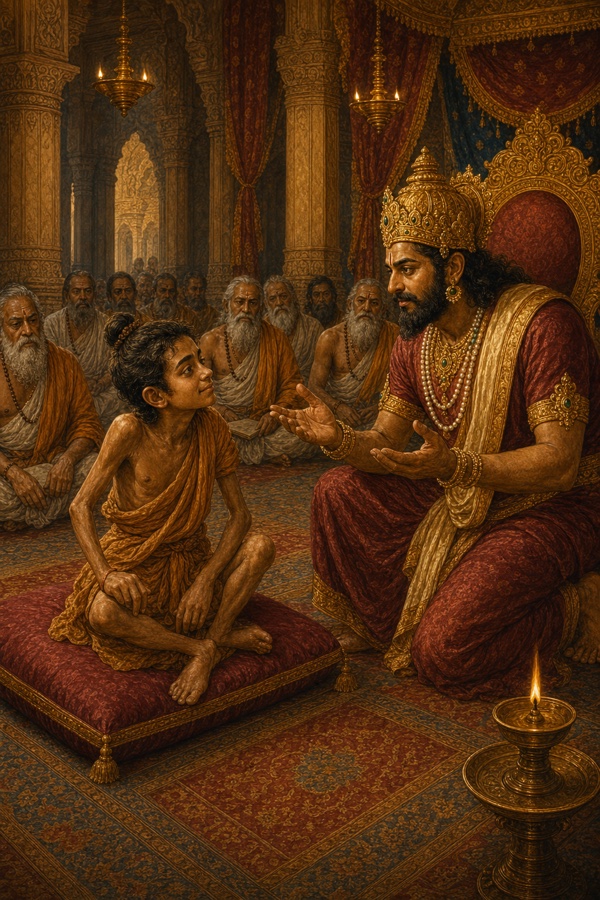 King Janaka, descended from formality into reverence, has seated the bent young sage Ashtavakra on a fine cushion directly facing him as an honored teacher. The king sits humbly, palms joined or hands open in earnest inquiry, asking his three questions about knowledge, liberation and dispassion. The pandits have withdrawn into respectful silence in the background. Intimate guru-and-disciple composition, the crowned king leaning toward the plainly dressed crooked-bodied sage. Warm, devotional classical-Indian color palette, gold, ivory, soft red; lamplit hall, carved pillars, coherent figures, no text or watermark.