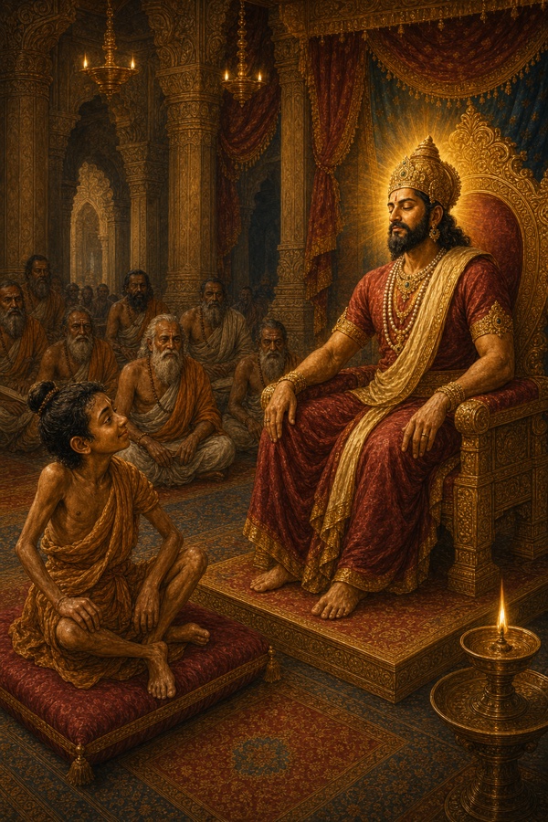 The moment of King Janaka's awakening. The crowned king sits transfigured, eyes half-closed or gazing inward, a look of luminous wonder and stillness on his face, as he realizes he is the pure, spotless, peaceful witness-consciousness beyond all nature. Render the Self-as-witness symbolically: a soft radiant inner light or subtle luminous aura emanating from the seated king, the throne and court dimming into hushed glow around him, his body present yet his awareness clearly elsewhere, free and untouched. The bent young sage Ashtavakra sits serenely facing him. Painterly classical-Indian color, contemplative palette of gold, deep blue and warm light, halo-like radiance, no garish effects, dignified and serene, no text or watermark.