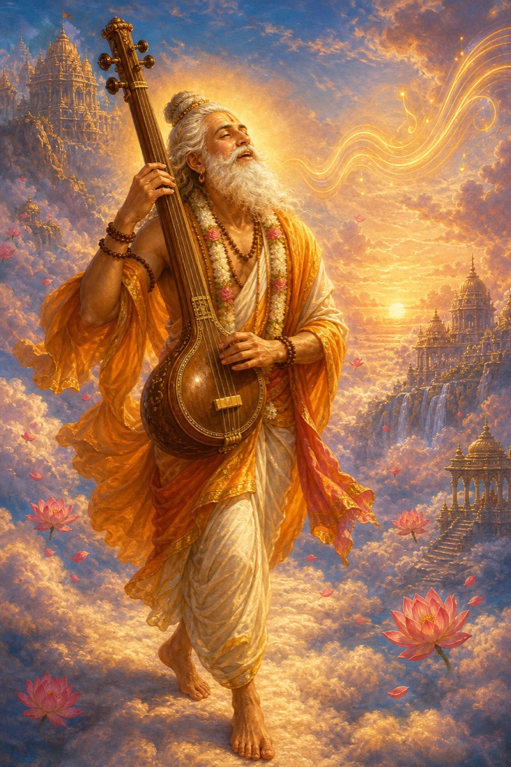 Rich painterly classical Indian color illustration: Devarshi Narada, an ageless luminous sage with white beard and matted hair tied in a topknot, walks alone across glowing clouds between the divine worlds, his fingers plucking a tall tanpura-vina held upright against his shoulder, his face turned upward in joyful absorption as he ceaselessly sings the divine name. Flowing saffron-and-white robes, sacred thread across his chest, a soft golden halo of devotion around him; rose-gold heavenly sky, drifting lotuses, a single bright morning light. He is portrayed as the living form of bhakti, love made into a body. Warm saffron, gold, deep rose and sky-blue palette. No text, no watermark, no lettering in the image.