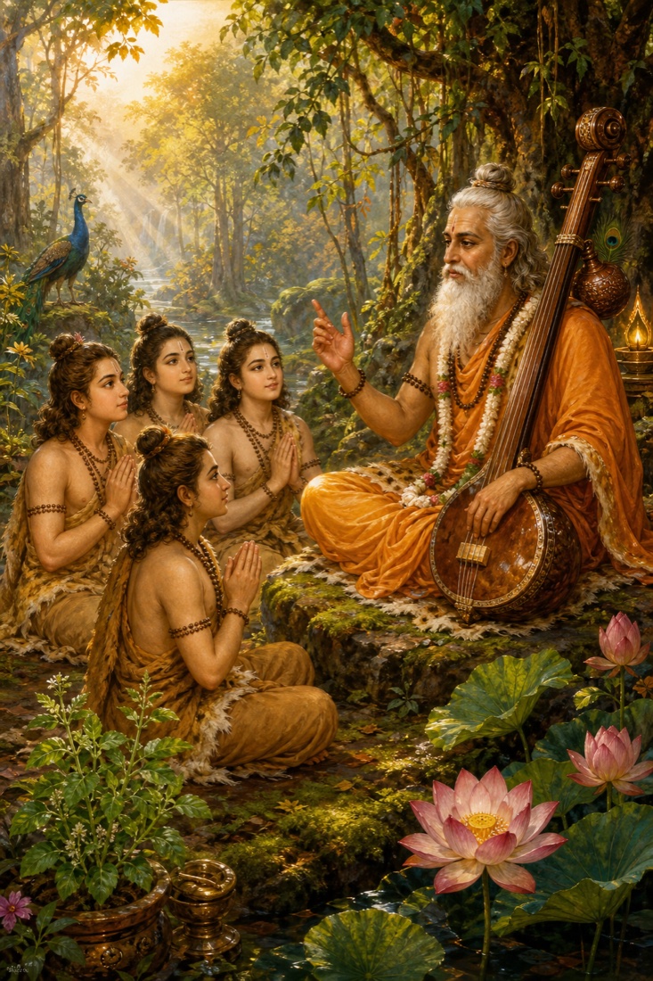 Rich painterly classical Indian color illustration: a quiet forest hermitage at dawn; the four youthful Sanaka-and-brother sages (the Sanakadi rishis), depicted as ever-young ascetics with simple deer-skin and bark garments and serene faces, sit before Devarshi Narada with hands folded in earnest inquiry. Narada, the elder white-bearded sage with his upright tanpura-vina resting at his side, raises one hand in the gesture of teaching as he answers them in short, pointed verses. Mossy ground, tulasi and lotus, soft golden forest light filtering through trees, ochre and green tones with saffron robes. A scene of sacred question and concise answer about the nature of devotion. No text, no watermark, no lettering in the image.