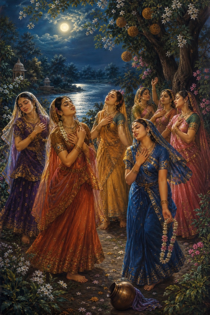 Rich painterly classical Indian color illustration of supreme selfless love (para-bhakti): on the moonlit banks of the Yamuna among flowering kadamba and tulasi, a group of Vraja gopis, cowherd women in colourful flowing ghagra-cholis and veils, stand utterly absorbed and self-forgetful, eyes closed or gazing toward an unseen beloved, hands at their hearts, their own selves dissolved so that only longing for the Lord remains; one gopi has let her water-pot slip forgotten, another's garland slides from her hand. Cool silver moonlight, soft blossoms, the river shining like silver behind them, tender expressions of egoless devotion. Warm earth and rose garments against cool moonlit blue. The gopis are exemplars of love in which the self vanishes and only 'His' remains. No single woman is singled out or named, no text, no watermark, no lettering in the image.
