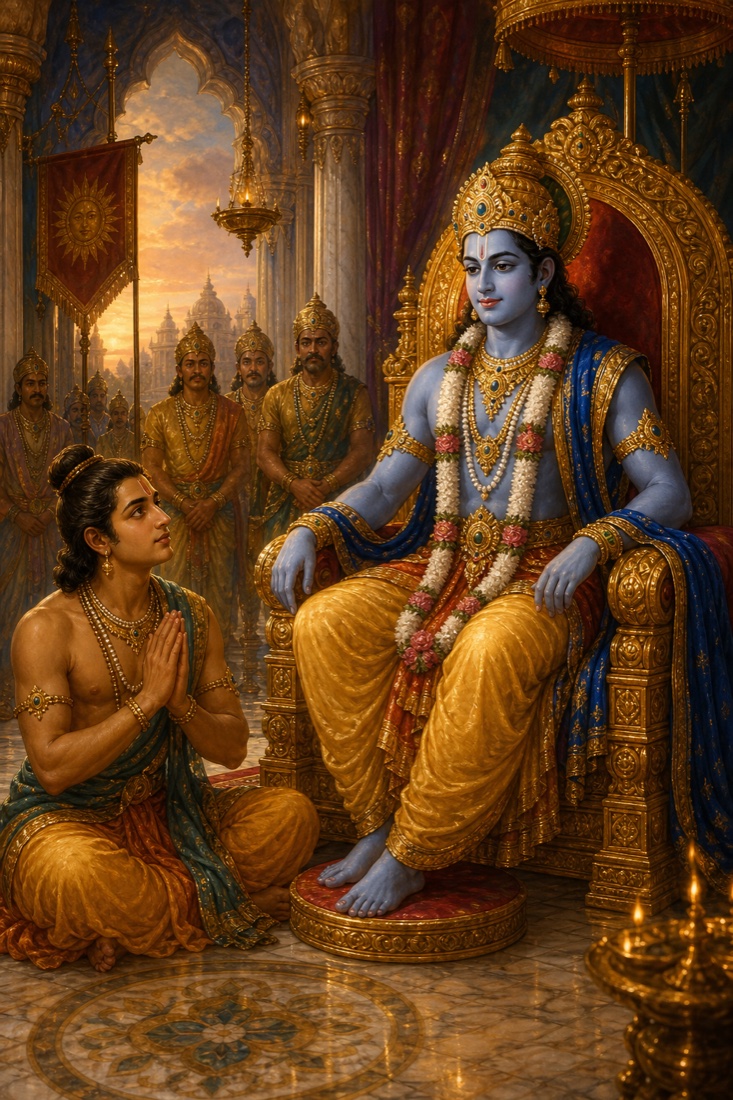 A tender color illustration in classical-Indian miniature style: the coronation now complete, Sri Rama sits calm and majestic upon the royal throne of Ayodhya in fine silks and crown, a faint serene smile on his blue-hued face as though awaiting this very moment. Beside him, quietly seated on the marble floor, the composed Lakshmana looks toward his elder brother with a question stirring within, hands joined. Behind them the peace of the palace after the long forest exile and war; courtiers stand at a respectful distance. Jewel tones, golden lamplight, restrained reverent mood; no other figures crowd the brothers; no text or watermark.