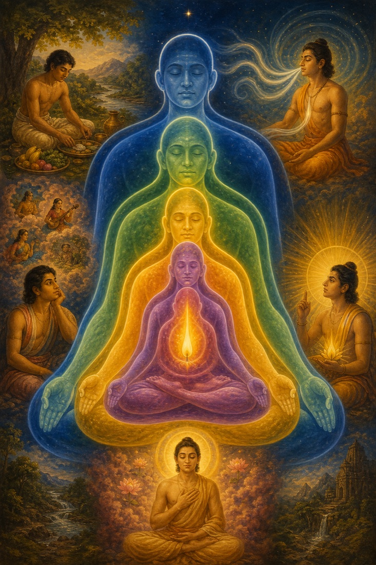 A meditative diagrammatic color illustration of the five sheaths (pancha-kosha) teaching: a seated human figure shown as five luminous concentric layers, from the outermost physical body (annamaya) inward through the breath-sheath (pranamaya), the mind-sheath (manomaya), the intellect-sheath (vijnanamaya), to the innermost subtle bliss-sheath (anandamaya), each rendered as a softly glowing translucent shell in graded jewel hues. At the silent center burns a single steady flame of pure awareness, the witnessing 'I' that stands beyond and apart from all five coverings. Classical-Indian devotional palette, gold and indigo, contemplative stillness; no text or watermark.