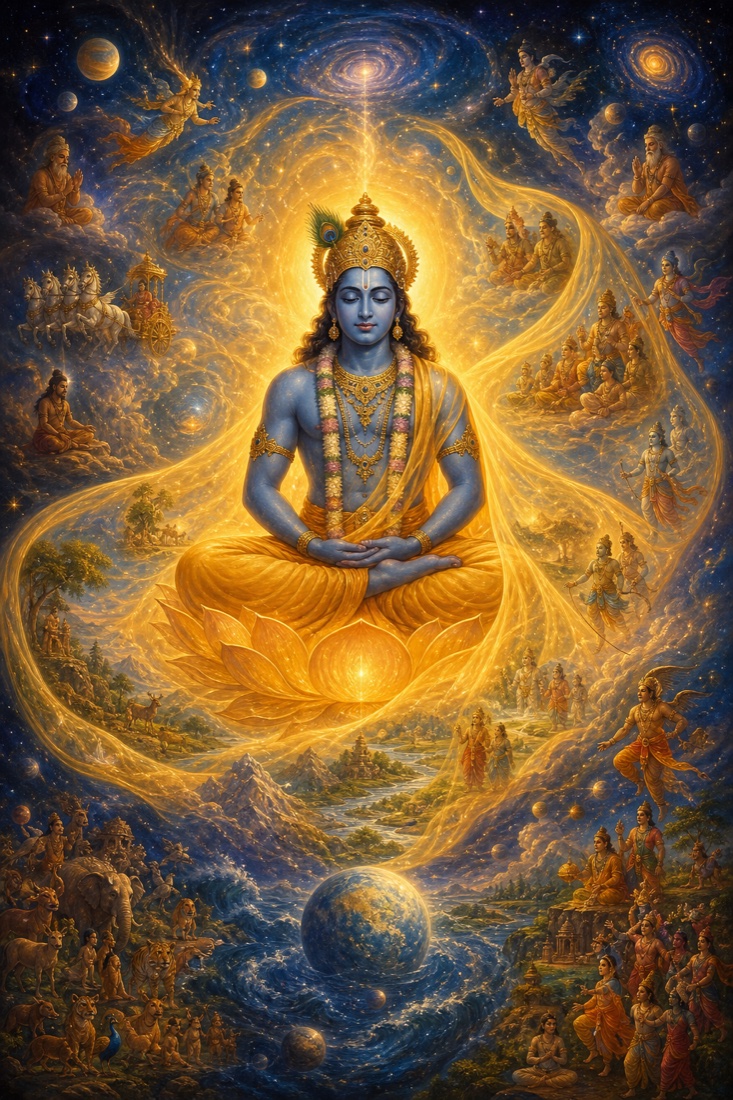 A luminous non-dual color illustration expressing the Adhyatma Ramayana's vision: Sri Rama as the supreme Brahman, blue-complexioned and radiant, seated in serene majesty enveloped in boundless golden light, the still ground of all being. Around him a single shimmering veil of Maya unfolds into the play of the manifold world, the seamless one appearing as the many; the cosmos arising from and resting within his luminous form. Sita is suggested only as the gentle luminous veil of Maya inseparable from him, not as a separate crowned figure. Classical-Indian painterly style, deep indigo and gold, vast oneness and quiet awe; no text or watermark.
