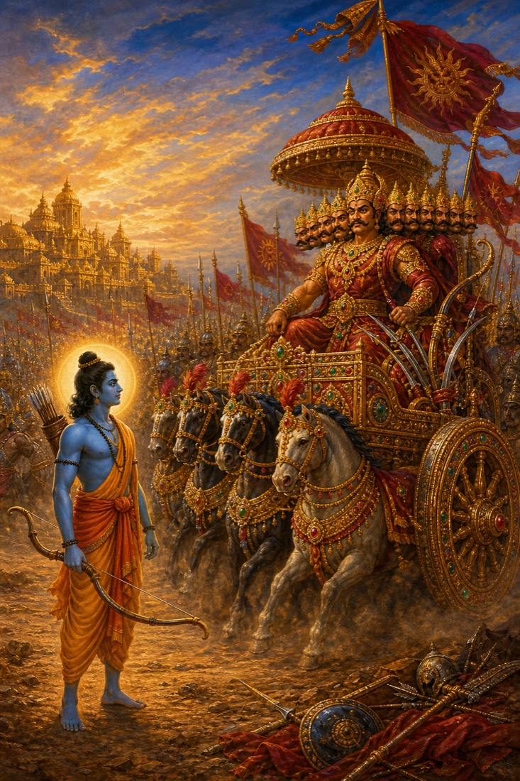 Painterly classical Indian color miniature illustration. The eve of battle before Lanka. On the right, the ten-headed demon-king Ravana, crowned and richly armoured in dark crimson and gold, seated proudly upon a magnificent jewel-encrusted war chariot inlaid with rubies and emeralds, drawn by many caparisoned horses, bristling with polished swords, bows and gleaming weapons, banners flying. On the left, in stark contrast, Lord Rama stands quietly on the bare ground, on foot, blue-complexioned, in a simple saffron dhoti, no chariot and no armour, calm and radiant with a soft golden halo, holding his bow loosely. The composition juxtaposes Ravana's overwhelming material splendour against Rama's unadorned serenity. Dusty ochre battlefield, distant golden ramparts of Lanka, dramatic late-afternoon light, deep reds, gold, and lapis sky. Dignified, reverent mood. No text, no watermark, no lettering in the image.