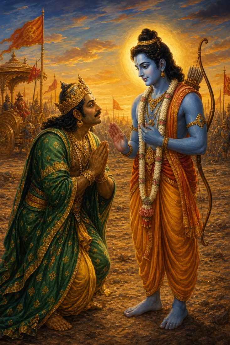 Painterly classical Indian color miniature illustration. An intimate moment on the battlefield. Vibhishana, the noble rakshasa prince in elegant green and gold robes, steps close to Lord Rama and bows with folded hands (anjali mudra), his face gentle, sincere and a little anxious, as one asking an innocent question. Lord Rama, blue-complexioned, standing on the bare earth in a simple saffron dhoti with a soft golden nimbus, turns to him with a tender reassuring smile, hand raised slightly in a gesture of calm explanation. The two figures are the focus, drawn close together in warm companionship; the larger war scene with chariots and banners is softened in the background haze. Tender, devotional atmosphere, golden dusk light, warm earth tones, deep reds and gold accents, lapis sky. Dignified and reverent. No text, no watermark, no lettering in the image.