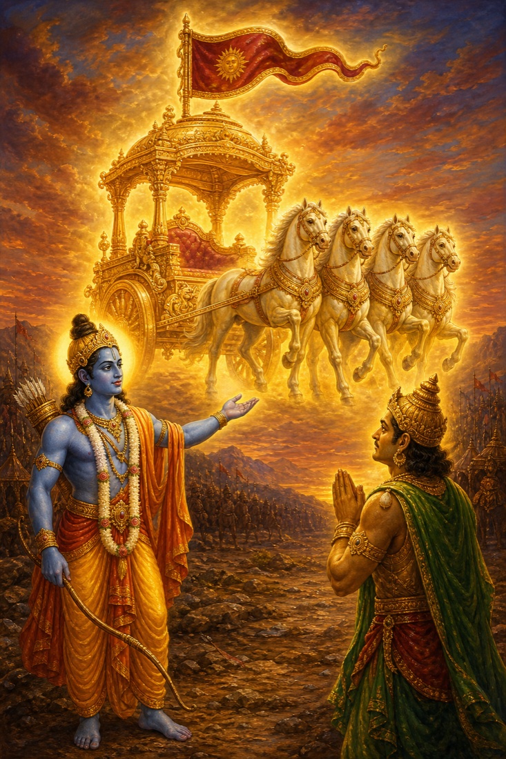 Painterly classical Indian color miniature illustration depicting the symbolic 'dharma chariot' (dharmamaya rath) that Rama describes to Vibhishana. A luminous, idealized golden war-chariot rendered as a radiant vision, glowing softly as if made of light and virtue rather than metal. The chariot has two strong wheels and a tall fluttering banner-flag rising above it; four noble, spirited horses harnessed in front, drawn with grace and energy. Around or before the chariot, Lord Rama, blue-complexioned in saffron, stands calmly with one hand extended as if conjuring and explaining the vision, a soft golden aura around him; the devoted Vibhishana in green and gold gazes at it with folded hands and wonder. The chariot floats in a gentle radiant glow against the dusk battlefield, suggesting an inner, spiritual conveyance rather than a worldly one. Warm gold, saffron, deep red, ivory and lapis tones, ornate classical detailing on the chariot. Reverent, uplifting mood. No text, no watermark, no lettering in the image.
