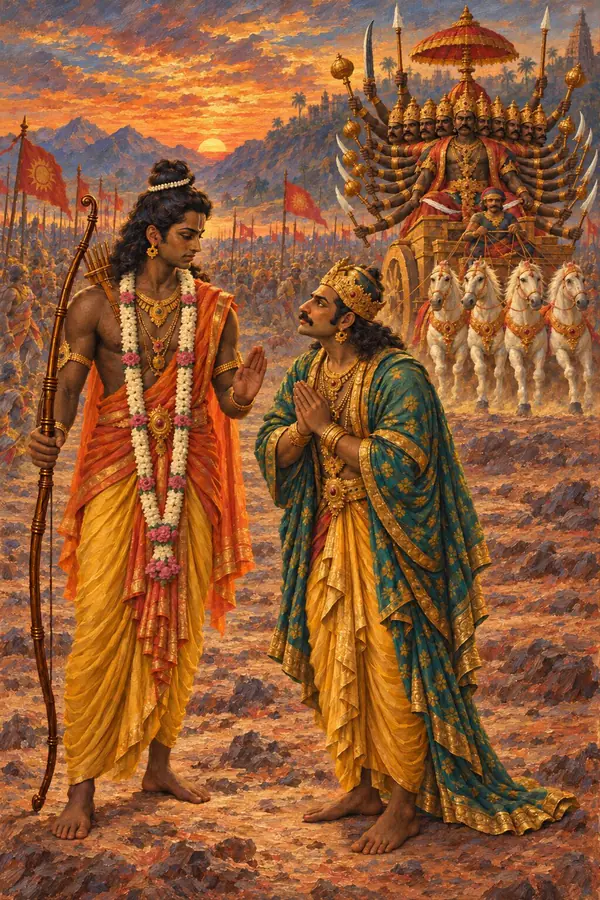 Ravana stands high on his chariot and Rama barefoot on the ground as Vibhishana turns to Rama to voice his doubt.