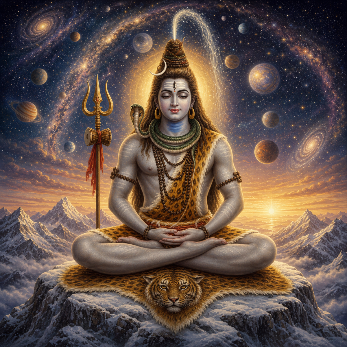 हिमालय की चोटी पर ध्यानमग्न शिव, व्याघ्र-चर्म बिछा, सिर के ऊपर आकाशगंगा और तारों का विस्तार, पर्वत की तलहटी में एक शिवलिंग