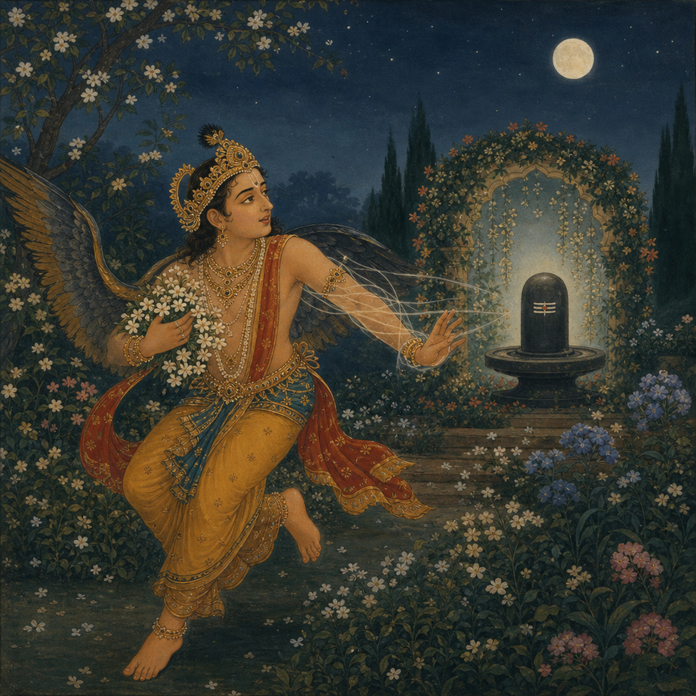 पुष्पदन्त, पंखों वाला गंधर्व, राजा के पुष्प-उद्यान में एक शिवलिंग के पास चाँदनी में पकड़ा गया, वही क्षण जब शाप उतरता है