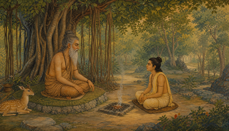 An old sage seated under a banyan tree on a small earth-mound, teaching a young student who sits a little distance away; a small sacrificial fire smolders between them, a deer at the edge