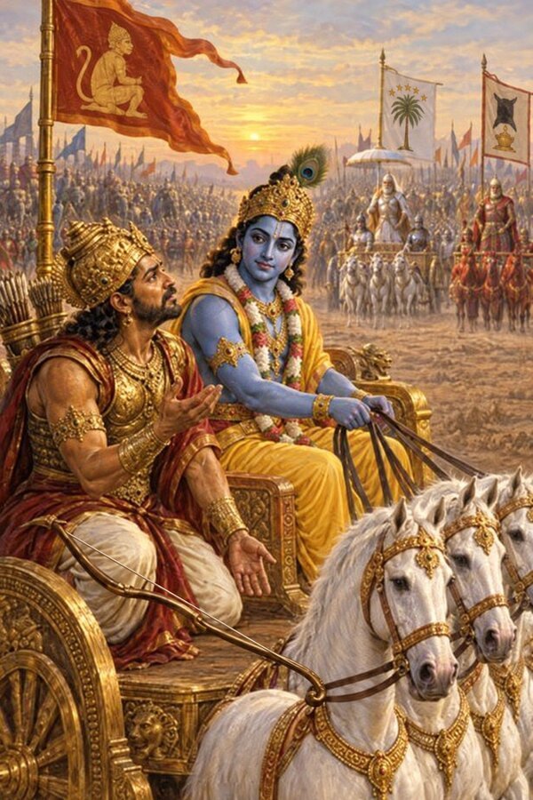 At dawn on Kurukshetra Arjuna sinks down in his chariot as Gandiva slips from his hand and he turns to Krishna for instruction.