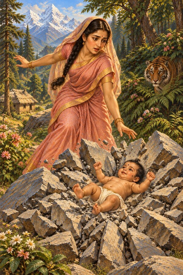On Shatashringa Kunti springs up at a tiger's sound as the infant Bhima lies unhurt on the rock, which has split beneath him.
