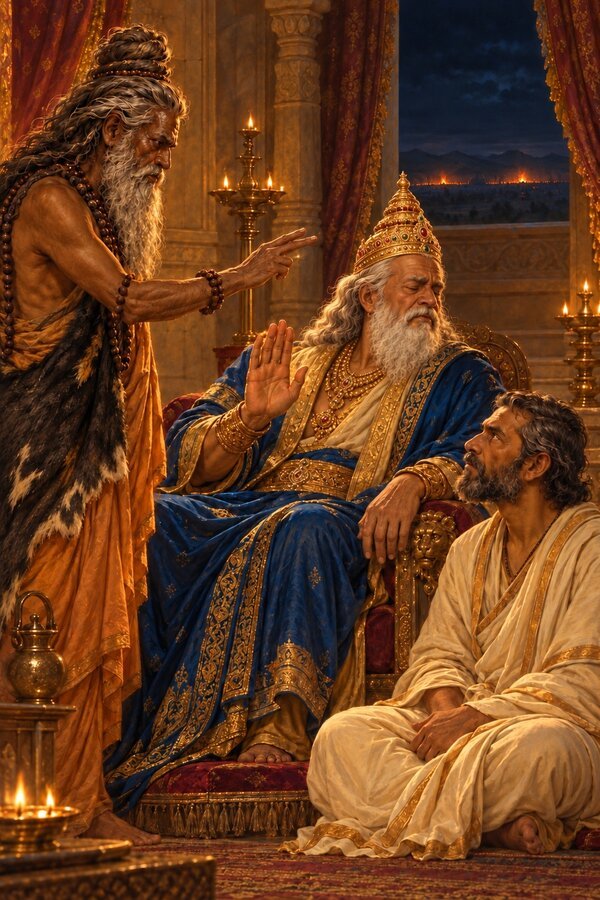In a lamplit room Vyasa offers the blind Dhritarashtra sight to watch the battle as the king turns away, Sanjaya beside him.