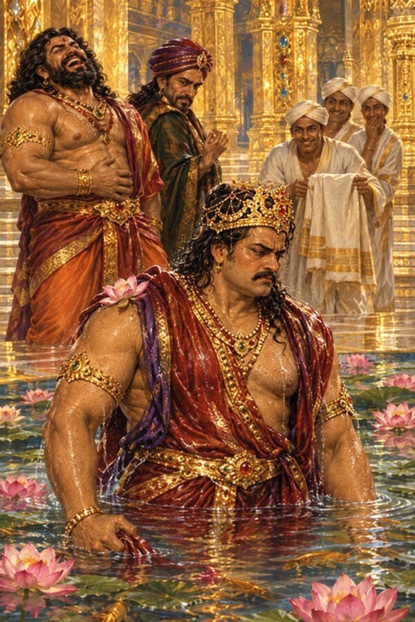 In Maya's hall Duryodhana has fallen clothed into a lotus pool he took for a crystal floor as Bhima laughs.
