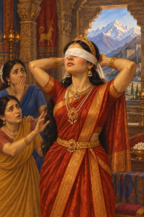In the palace of Gandhara the princess Gandhari binds a white cloth over her own eyes as her maids look on in astonishment.