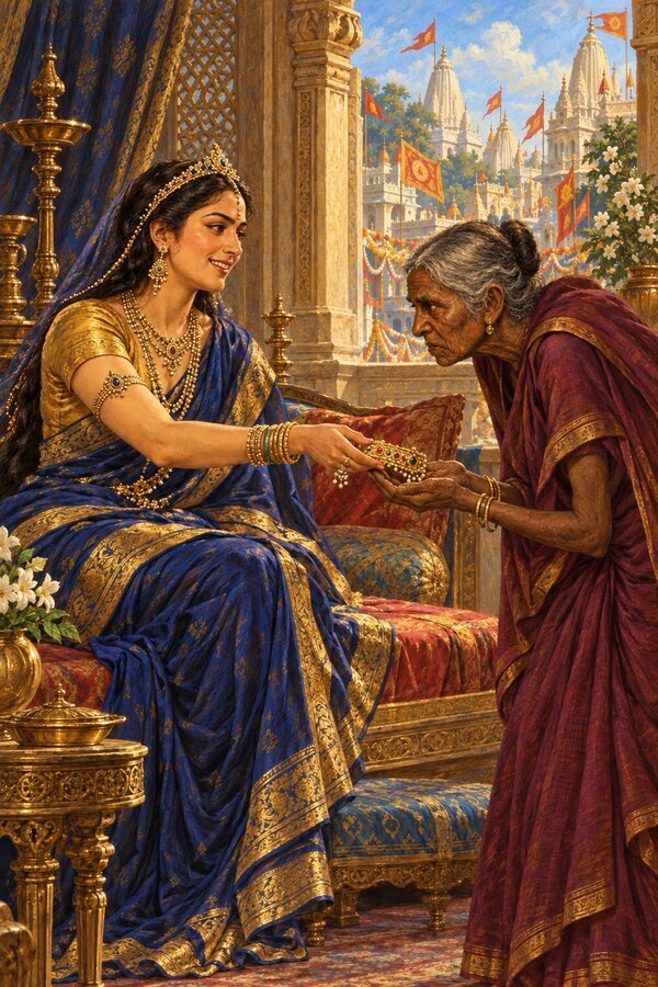 In festive Ayodhya Kaikeyi presses an ornament into the hands of her hunchbacked maid Manthara, whose face is sour at the news.