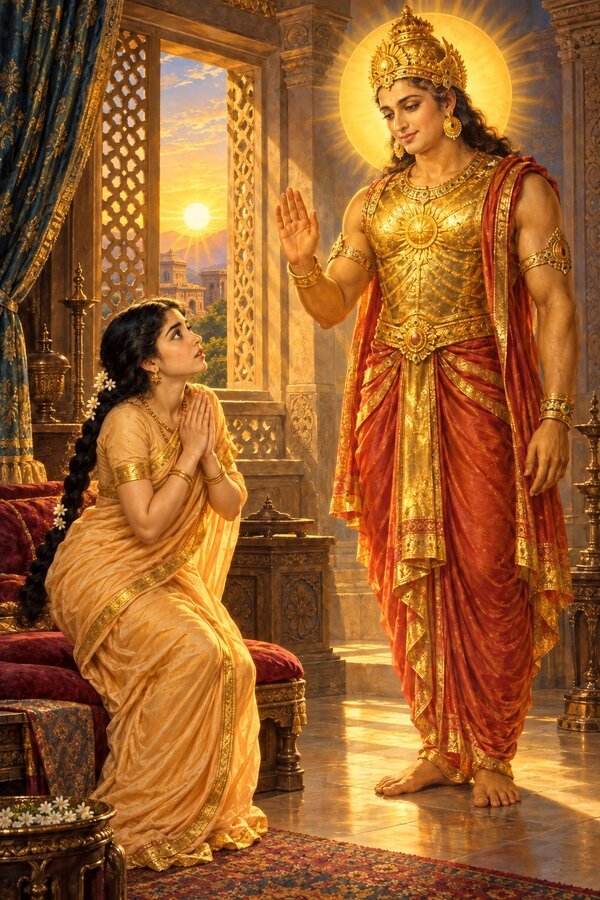 In Kuntibhoja's palace the girl Kunti trembles with joined hands as the Sun god blazes in the sky and stands smiling in her room.