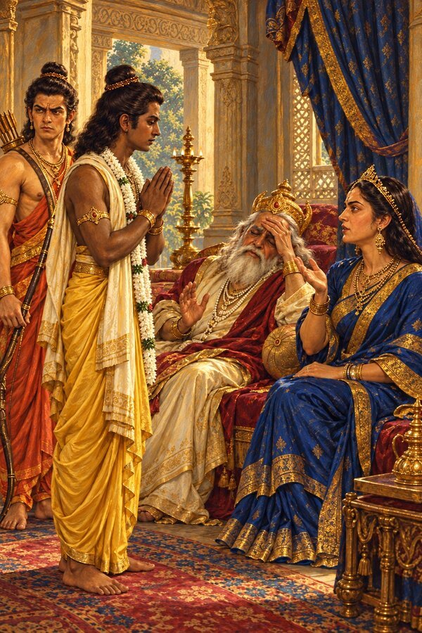 कैकेयी के भवन में शोक से टूटे वृद्ध राजा दशरथ के मुख से केवल “राम” निकलता है, कैकेयी वरों की बात कहती हैं, और राम हाथ जोड़कर शान्त मुख से उत्तर देते हैं, “ऐसा ही हो।”