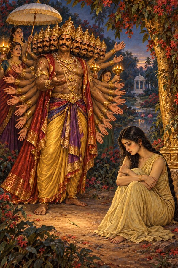 Before dawn ten-headed Ravana pleads with Sita in the Ashoka grove as she sits drawn in beneath the tree.