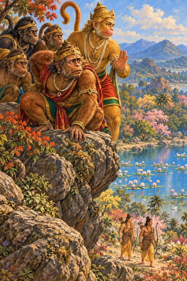 From the summit of Rishyamuka, Sugriva and his ministers watch two archers walk the Pampa shore as Hanuman tries to steady him.