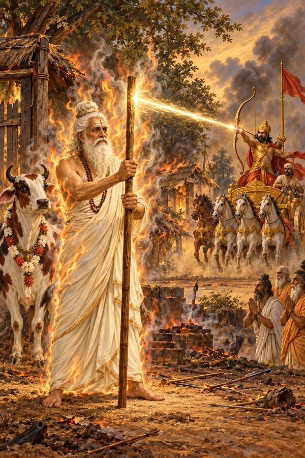 At his burning hermitage Vasishtha holds up his plain staff as Vishvamitra's brahmastra vanishes into it, Shabala behind him.