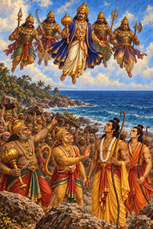 Vibhishana halts in the air with his four ministers and asks Rama's protection as the monkeys raise rocks and Rama looks up, calm.