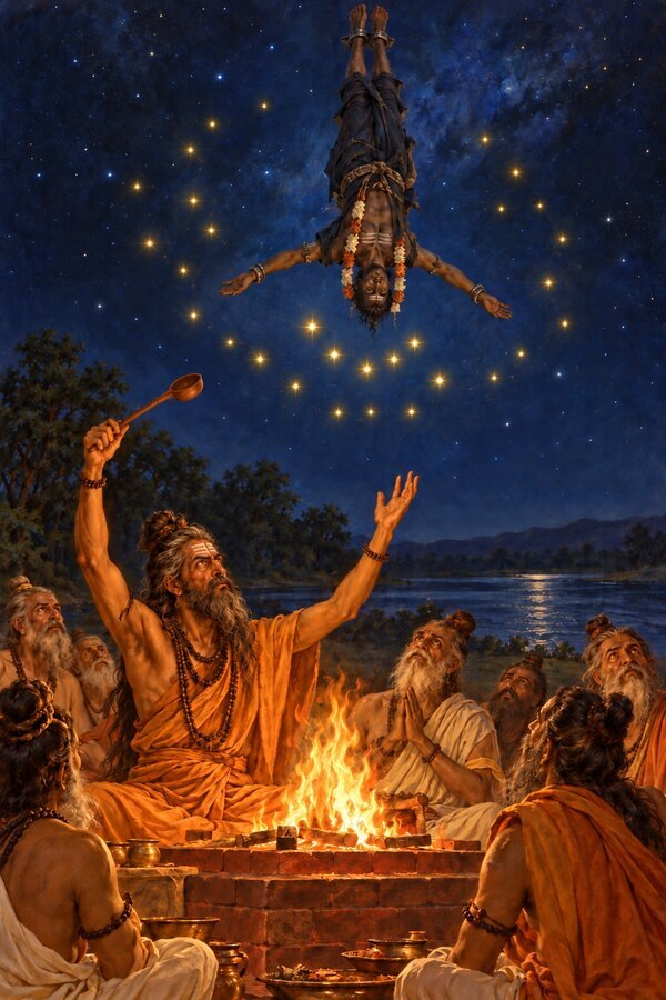 Seated among the seers, Vishvamitra calls new stars into the southern sky as King Trishanku hangs head down in the air.