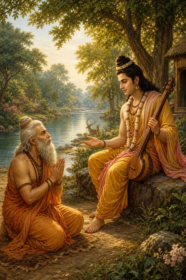 देवर्षि नारद वीणा लिए वृक्ष के नीचे बैठे हैं और महर्षि वाल्मीकि हाथ जोड़कर प्रश्न पूछ रहे हैं।