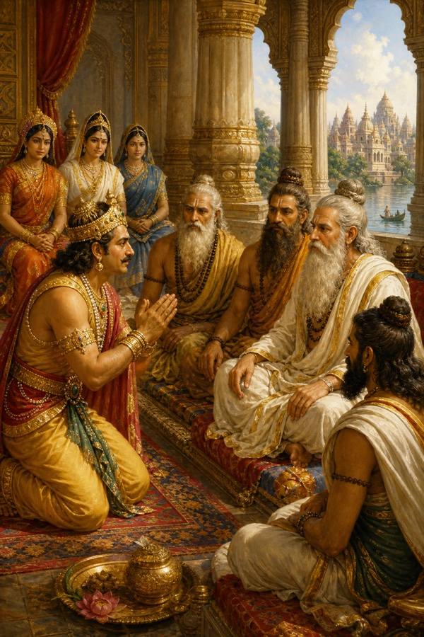 राजा दशरथ हाथ जोड़कर सभा में बैठे ऋषियों से प्रार्थना करते हैं, पीछे रानियाँ बैठी हैं।