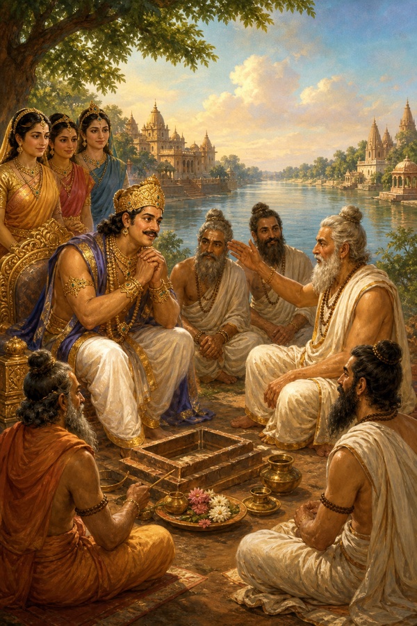 सरयू तट पर ऋषियों के बीच राजा दशरथ हाथ जोड़े बैठे हैं, सामने यज्ञ-वेदी तैयार हो रही है।