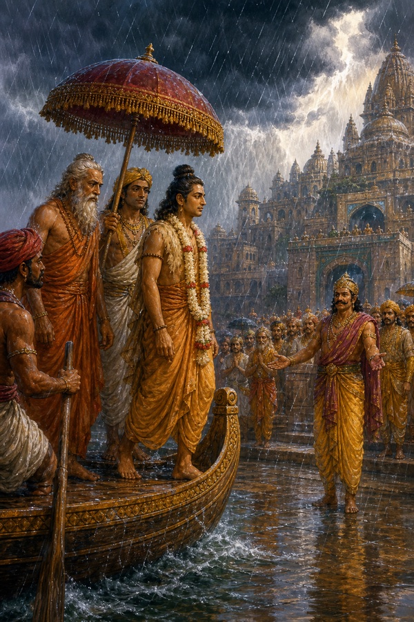 वर्षा के बीच नाव से उतरते ऋष्यशृंग का राजा रोमपाद स्वागत करते हैं, नगरवासी देखते खड़े हैं।