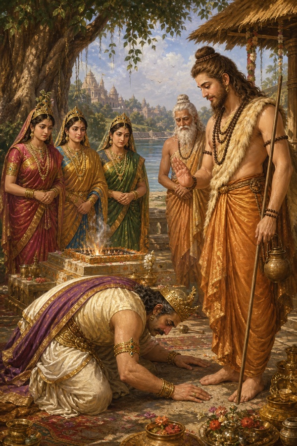 राजा दशरथ मृगचर्मधारी ऋष्यशृंग के चरणों में प्रणाम करते हैं, रानियाँ और ऋषि यज्ञ-वेदी के पास खड़े हैं।