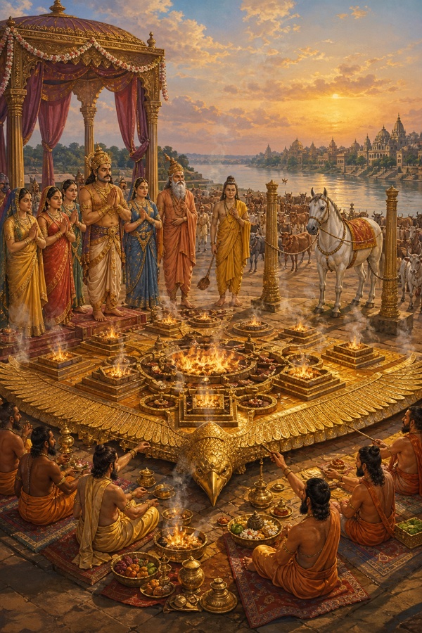 गरुड़-आकार की स्वर्ण वेदी पर यज्ञाग्नि जल रही है, दशरथ रानियों सहित खड़े हैं, पास श्वेत अश्व सजा है।