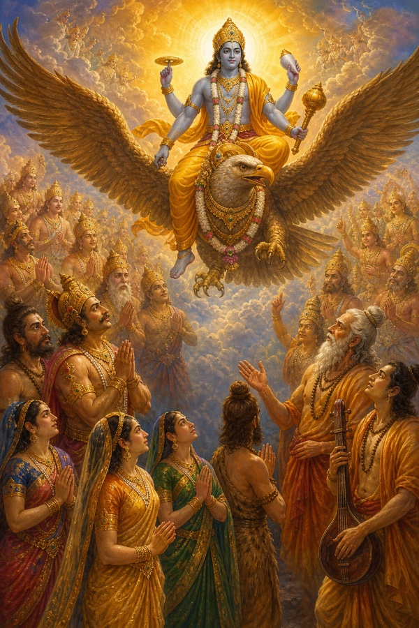 गरुड़ पर विराजे चतुर्भुज विष्णु शंख-चक्र-गदा लिए उतरते हैं, नीचे देवता और ऋषि हाथ जोड़े खड़े हैं।