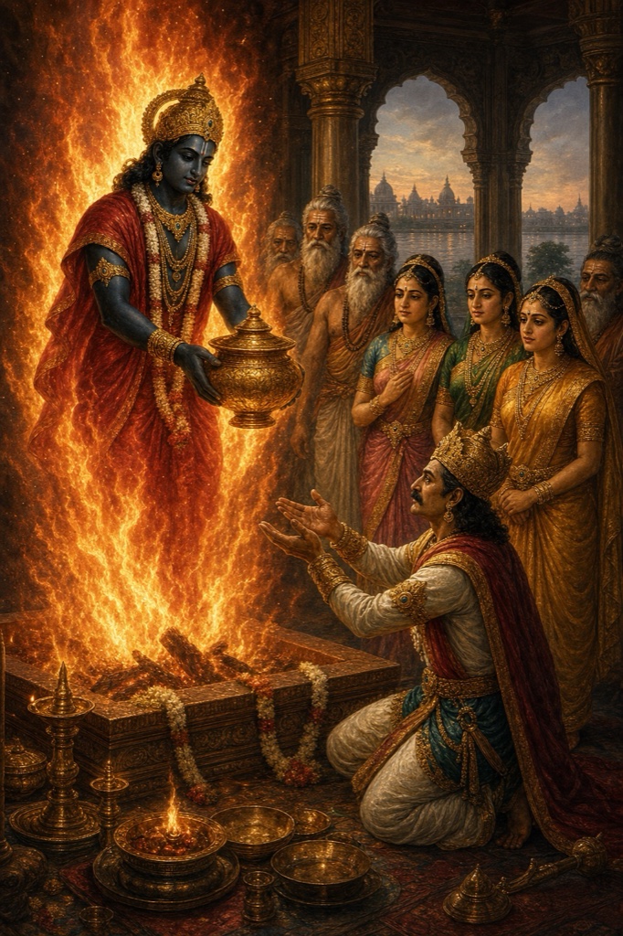 यज्ञ की लपटों से प्रकट यज्ञपुरुष खीर का स्वर्ण-पात्र देते हैं, राजा दशरथ हाथ फैलाकर झुके हैं।