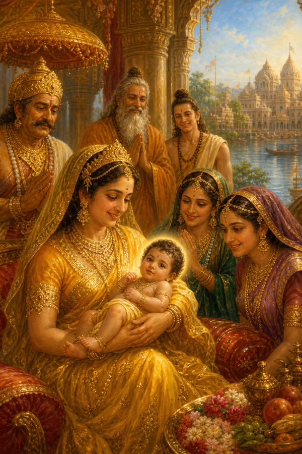रानी कौसल्या तेजोमय नवजात राम को गोद में लिए बैठी हैं, दशरथ, ऋषि और रानियाँ निहार रहे हैं।