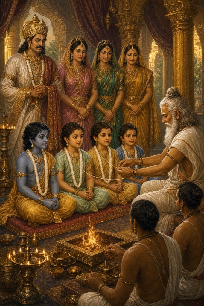 गुरु वशिष्ठ यज्ञाग्नि के सामने चारों राजकुमारों का संस्कार कर रहे हैं, दशरथ और रानियाँ पीछे खड़े हैं।