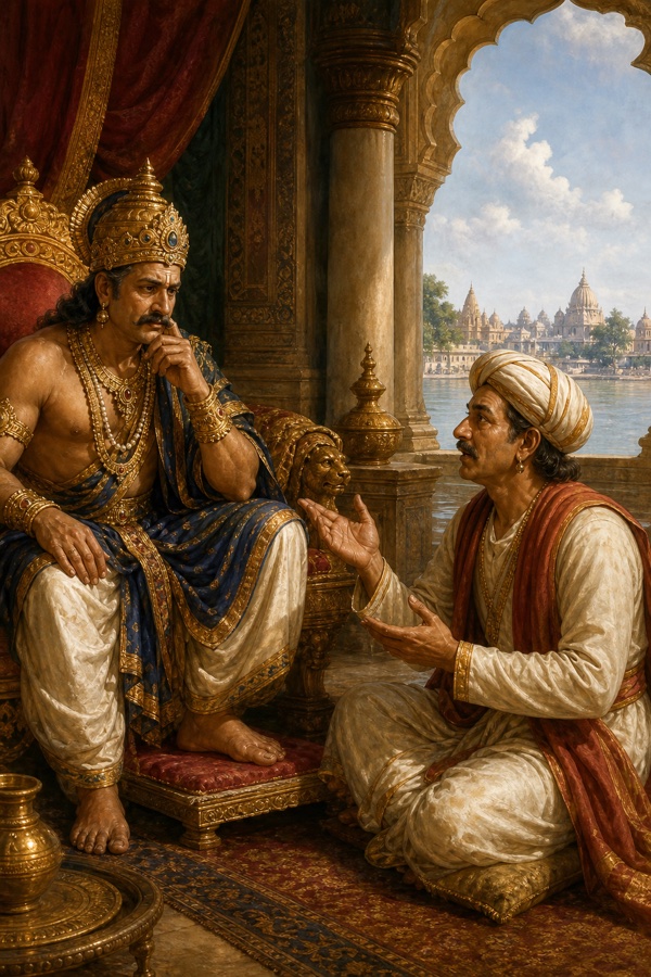 चिंतित राजा दशरथ सिंहासन पर बैठे हैं और मंत्री सुमंत्र घुटनों के बल बैठकर परामर्श दे रहे हैं।