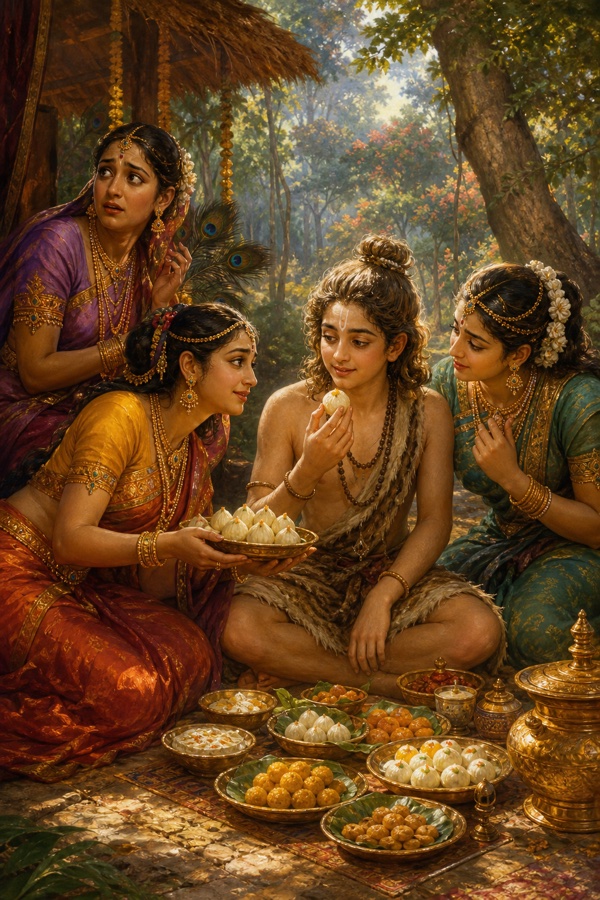 वन में ऋष्यशृंग मिठाई चख रहे हैं, नगर की सुंदरियाँ पकवान परोसकर उन्हें कौतूहल से देख रही हैं।