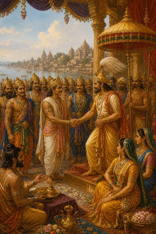 राजा दशरथ राजा रोमपाद का हाथ थामे मिलते हैं, दरबार में सैनिक और रानियाँ उपस्थित हैं, पीछे नगर दिखता है।