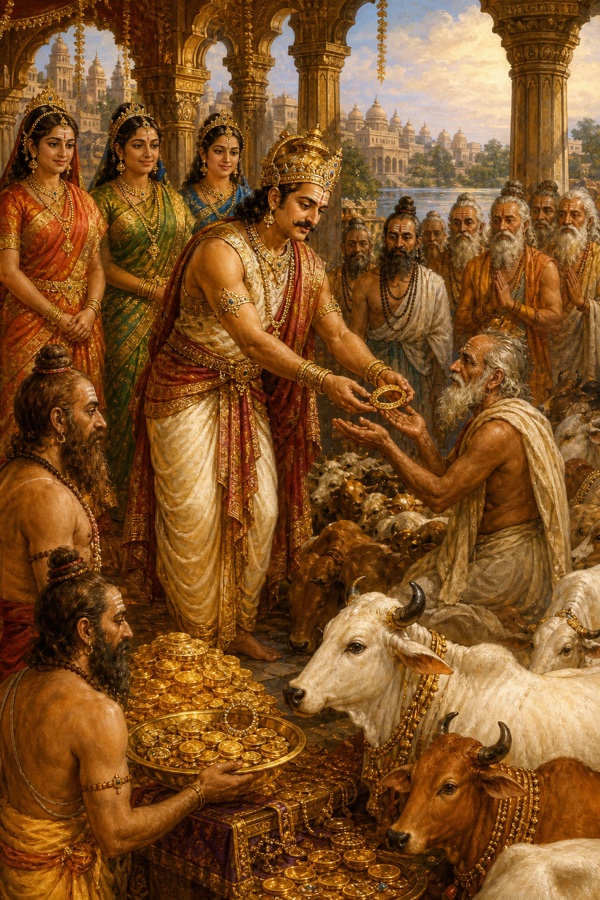 यज्ञ के बाद राजा दशरथ ब्राह्मणों को स्वर्ण आभूषण और गौएँ दान कर रहे हैं, रानियाँ पीछे खड़ी हैं।