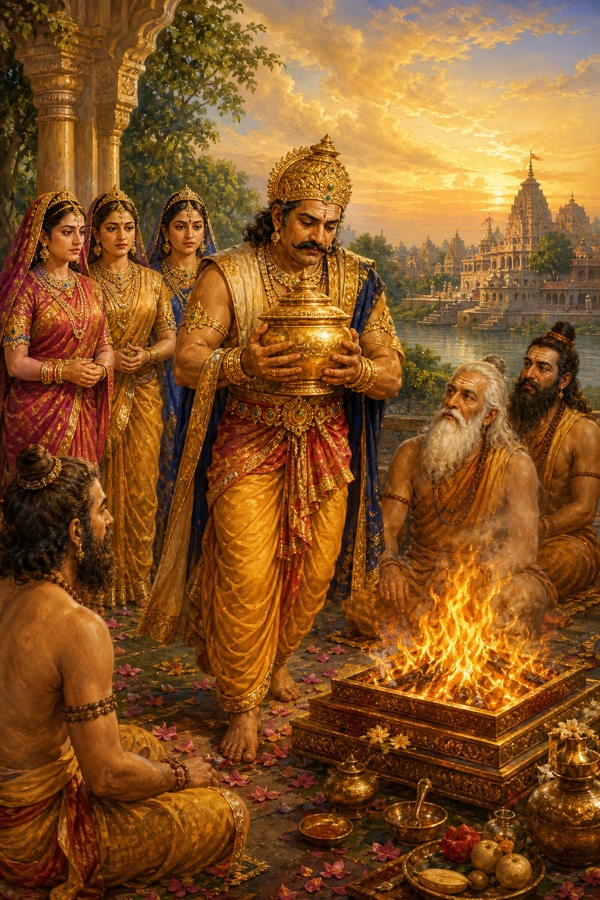 राजा दशरथ खीर का भारी स्वर्ण-कलश थामे रानियों की ओर बढ़ते हैं, पास यज्ञाग्नि और ऋषि बैठे हैं।