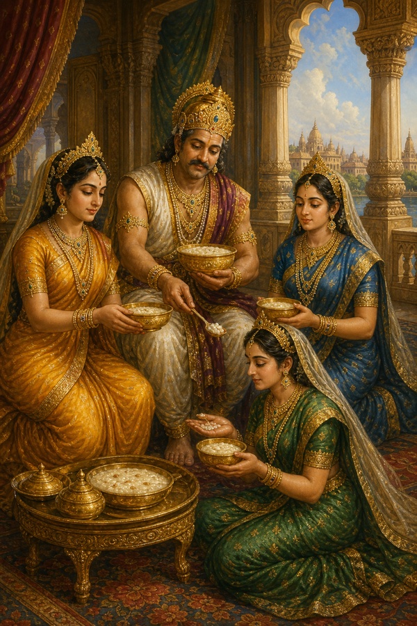 राजा दशरथ चम्मच से तीनों रानियों के पात्रों में खीर बाँट रहे हैं, झरोखे से नगर दिखता है।