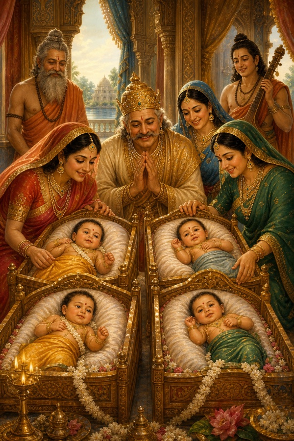 चार पालनों में लेटे नवजात राजकुमारों को दशरथ हाथ जोड़कर निहारते हैं, रानियाँ और ऋषि झुककर देख रहे हैं।