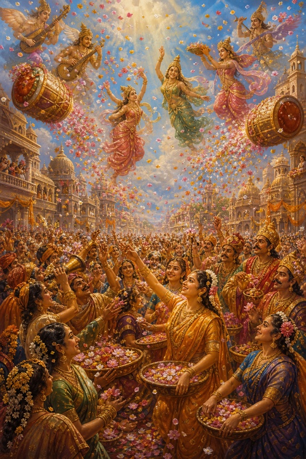 अयोध्या की गलियों में जन्मोत्सव मन रहा है, आकाश से अप्सराएँ और गंधर्व फूल बरसाते नाच-गा रहे हैं।